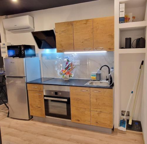 圣丹尼斯Le Barachois City的厨房配有木制橱柜和不锈钢冰箱。