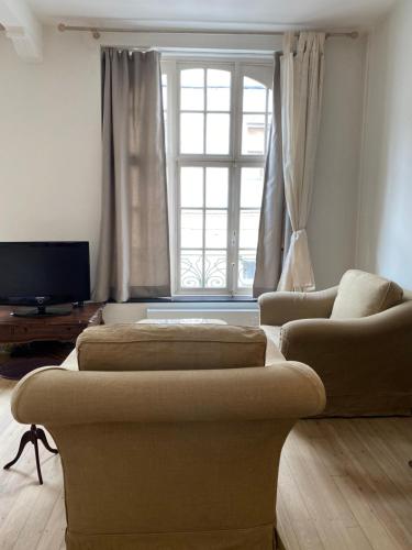 迪南Maison Mǔso的客厅设有两张沙发和一个大窗户