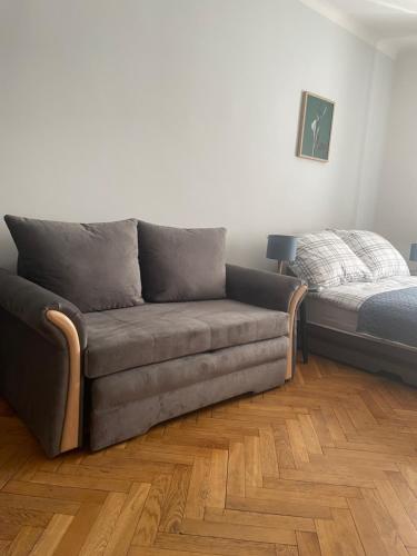 克拉科夫Friendly Apartment的客厅的沙发,床边