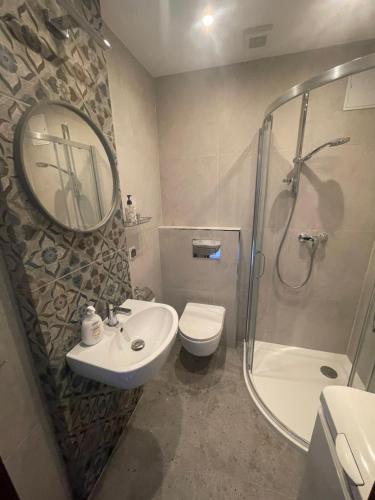 克拉科夫Friendly Apartment的浴室配有盥洗池、卫生间和镜子。