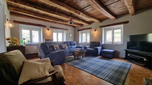托尔明Hisa Brdo Guesthouse的客厅配有蓝色的家具和平面电视。