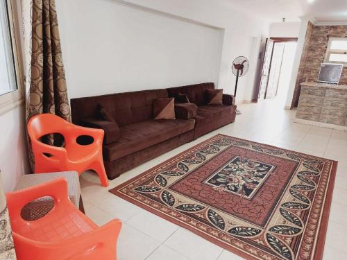 开罗شيماء كسل的客厅配有棕色沙发和地毯。