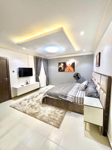 阿布贾Bee-City Homes的一间带大床和电视的卧室