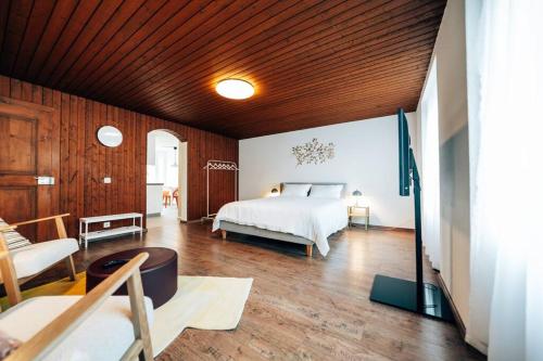 格拉鲁斯theNest Glarus Studio-Apartment的一间卧室设有一张床和木制天花板