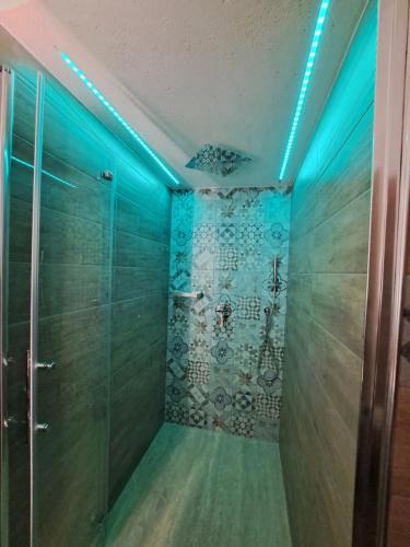帕尔蒂尼科Colle del Re Sicily的客房内的步入式淋浴间和蓝色灯光