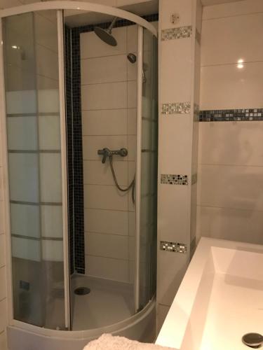 Deuil-la-BarreChambre de luxe 95 Grise的浴室里设有玻璃门淋浴