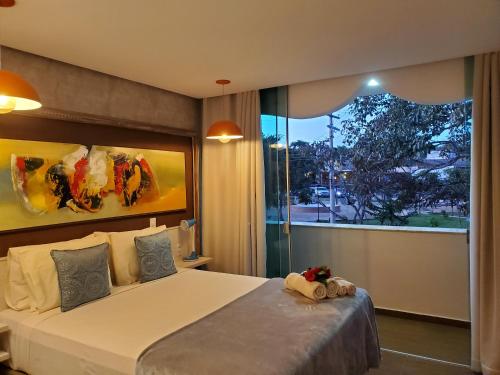 戈亚斯州上帕莱索Villa Terragona的一间卧室设有一张大床和一个大窗户