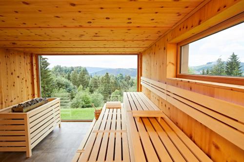 上施陶芬Natur- & Genießerhotel Der Birkenhof的木制客房设有长椅和大窗户