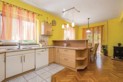 尤尔达尼Holiday home Brgud with private pool near Opatija的厨房设有黄色的墙壁和木制台面