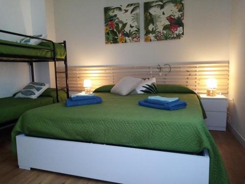 卡普多兰多Casa Vacanze La Coccinella的一间卧室配有绿床和2条蓝色毛巾