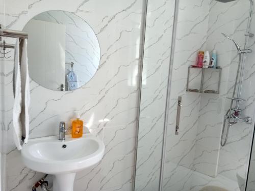 埃尔多雷特Luxury Cosy Homestay with Private Entrance的白色的浴室设有水槽和镜子