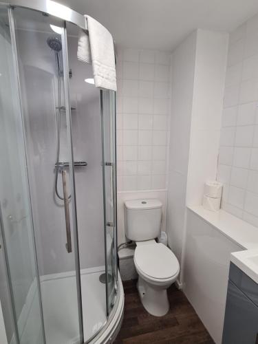 爱丁堡诺森伯兰酒店的一间带卫生间和玻璃淋浴间的浴室