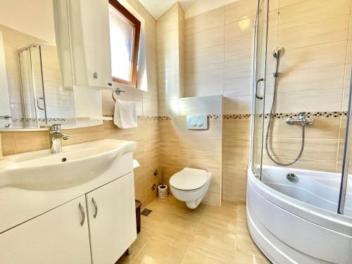 布德瓦Villa Serenity Budva的一间带水槽、卫生间和淋浴的浴室