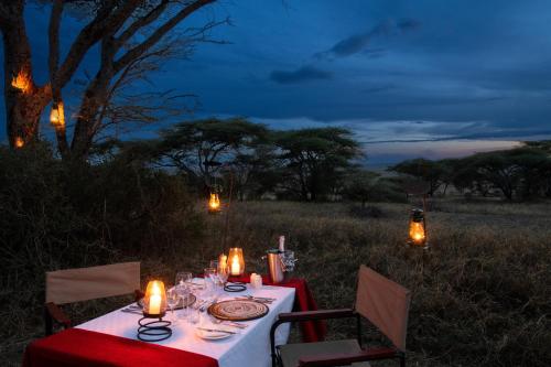 塞伦盖蒂Serengeti Woodlands Camp的晚餐桌,晚上在田野上放蜡烛