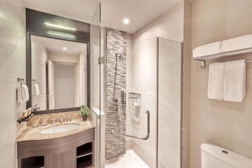 新加坡Adina Serviced Apartments Singapore Orchard的一间带水槽和淋浴的浴室