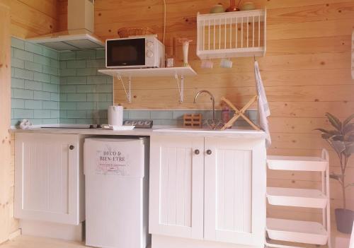 萨维尔纳Le Cottage OneHeart的厨房配有带水槽和微波炉的台面