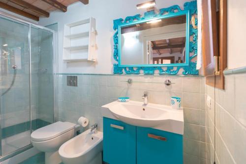 里奥马里纳HelloElba Villetta Fiorita的一间带水槽、卫生间和镜子的浴室