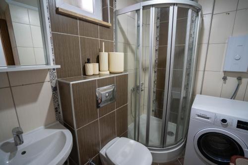 安塔利亚River Park Residence Lara的一间带卫生间和洗衣机的浴室