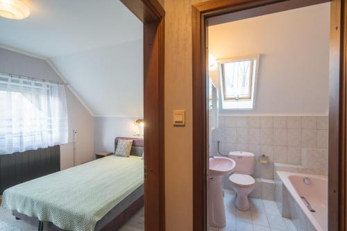 巴拉顿城堡Csini vendégház的一间卧室配有床、水槽和卫生间