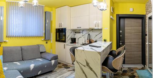 索非亚Sofiel cozy apartment - Top Center Sofia的带沙发的厨房和带黄色墙壁的厨房