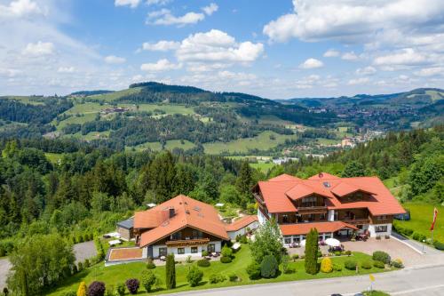 上施陶芬Natur- & Genießerhotel Der Birkenhof的享有山景的房屋的空中景致