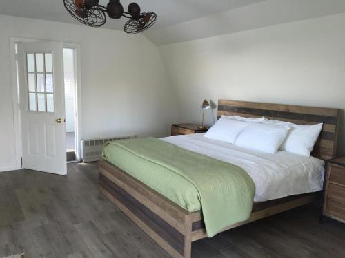 奥兰治维尔The Trails Retreat (Private Cabin)的一间卧室配有一张带绿毯的大床