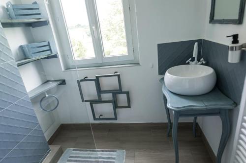 弗尔黎祖La Villa de l'Etoile 10 personnes的一间带水槽、桌子和窗户的浴室