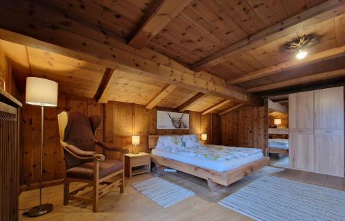 湖滨福煦Ferienwohnung am Fuschlsee的一间卧室,卧室内配有一张床和一把椅子