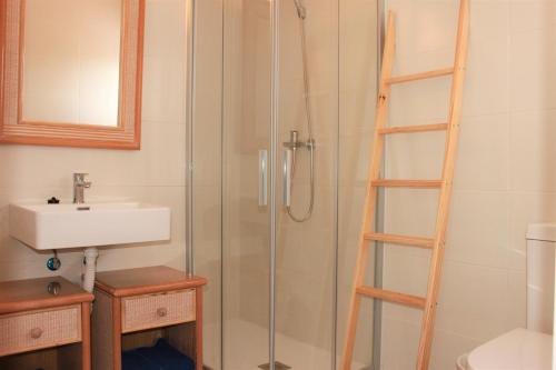 卡拉恩·布拉內斯Yucas Homes的浴室内设有淋浴、水槽和梯子
