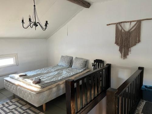 科科拉Villa Suntinhovi的一间卧室配有一张床和一个吊灯