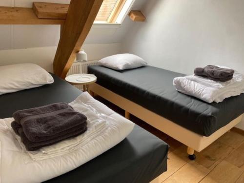 巴勒姆Ballumerhoeve Fleuri lodge的一间设有两张床铺和毛巾的房间