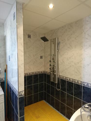 尚帕尼奥勒Au Coeur du Jura, Logement au calme的浴室里设有玻璃门淋浴