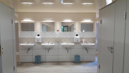 诺尔德霍尔茨Glamping Pod im Wald mit Einzelbetten的浴室设有4个水槽和一排镜子