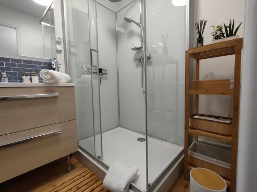 圣盖波特里厄La Timonerie- Vue mer/Plage/Port的浴室里设有玻璃门淋浴