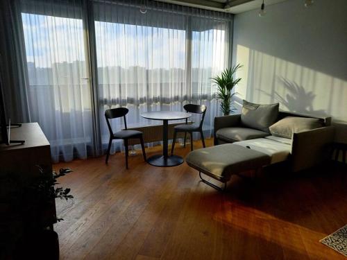 维尔纽斯Cozy apartment with underground parking的客厅配有沙发和桌椅