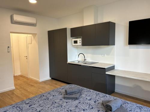 萨格勒布Park Maksimir Apartments的厨房配有黑色橱柜、水槽和床。