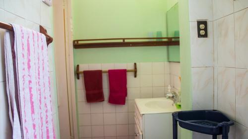 拉纳韦贝House of Erabo的一间带水槽和红色毛巾的浴室
