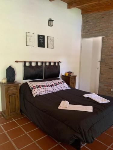 里奥塞瓦约斯Aires Verdes的一间卧室配有一张大床和黑色棉被