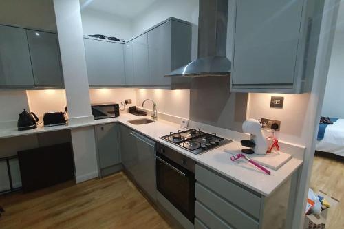 伦敦cosy apartment Alexandra palace Haringey, London的厨房配有白色橱柜和炉灶烤箱。