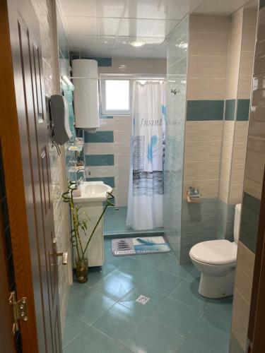 布尔加斯Luxury family apartament的一间带卫生间和水槽的浴室