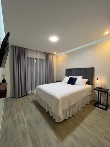 科马亚瓜Apartamentos Orquidea Dorada apt 101 & 104的一间卧室配有一张大床和一张桌子