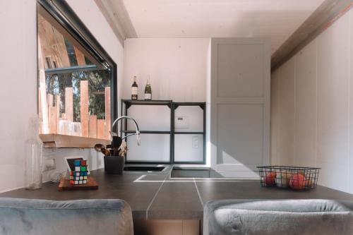 卡斯特尔德费尔斯CoolTainer retreat: Sustainable Coastal forest Tiny house near Barcelona的厨房配有不锈钢台面和两把椅子
