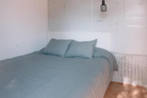 卡斯特尔德费尔斯CoolTainer retreat: Sustainable Coastal forest Tiny house near Barcelona的床上有2个蓝色枕头
