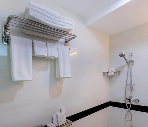 马累Beehive Central的浴室的墙壁上挂着白色毛巾