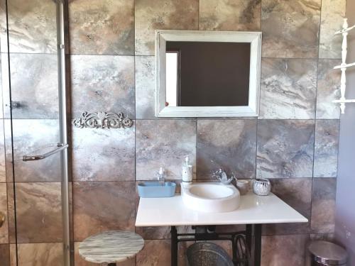 钦查Schafli Manor Wild Coast的一间带水槽、镜子和淋浴的浴室
