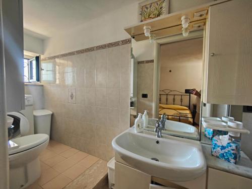 斯卡莱阿VILLA CHARME的一间带水槽、卫生间和镜子的浴室