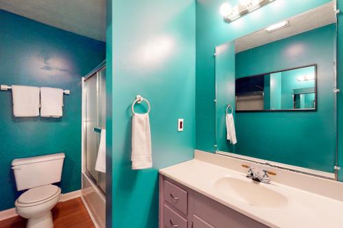 马吉谷Elk Valley Lodge的一间带卫生间、水槽和镜子的浴室