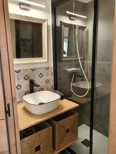 滨海卡瓦莱尔Joli Studio cavalaire的浴室配有白色水槽和淋浴。