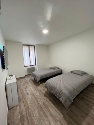 Saint-FonsSuperbe appartement à 15min de Lyon的一间卧室配有两张床和一台平面电视