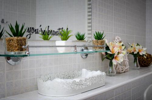 艾格扎洛克Gyógyvölgy apartman的浴室的盆栽和镜子台面